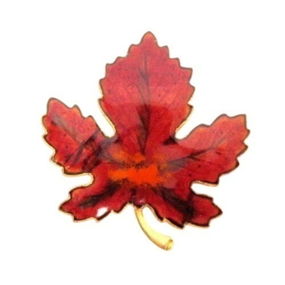 Vintage Autumn Red Enamel Gold Plated Fall Maple Leaf‎ Brooch Pin 1-3/4"